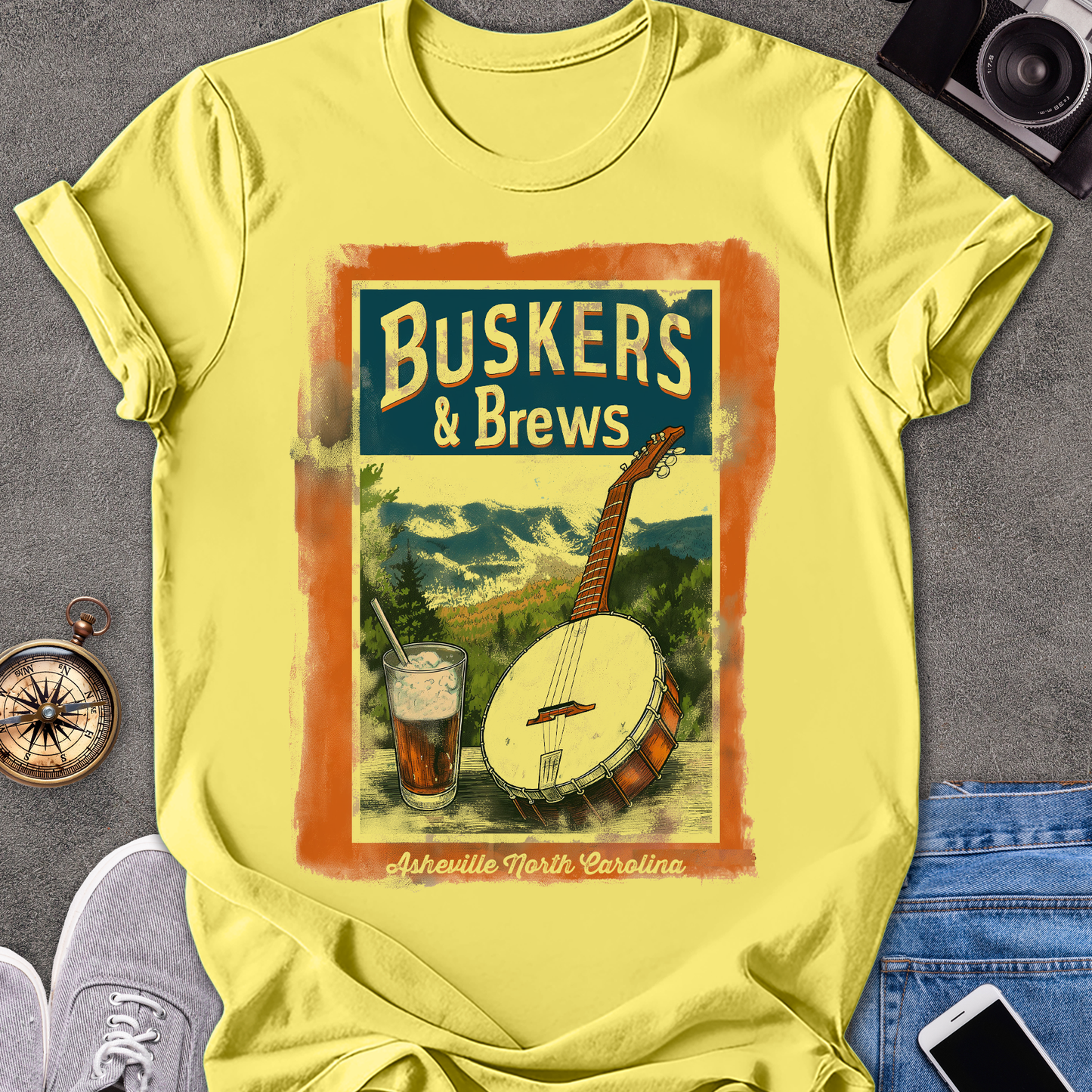 Buskers & Brews, Asheville North Carolina| Unisex Softstyle T-Shirt | North Carolina Travel Tee