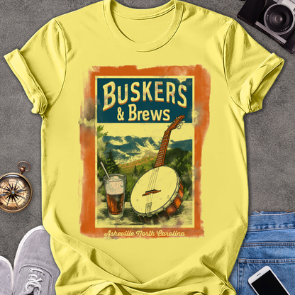 Buskers & Brews, Asheville North Carolina| Unisex Softstyle T-Shirt | North Carolina Travel Tee