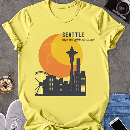 Seattle, High on Caffeine & Culture | Unisex Softstyle T-Shirt | Retro Seattle Travel Tee
