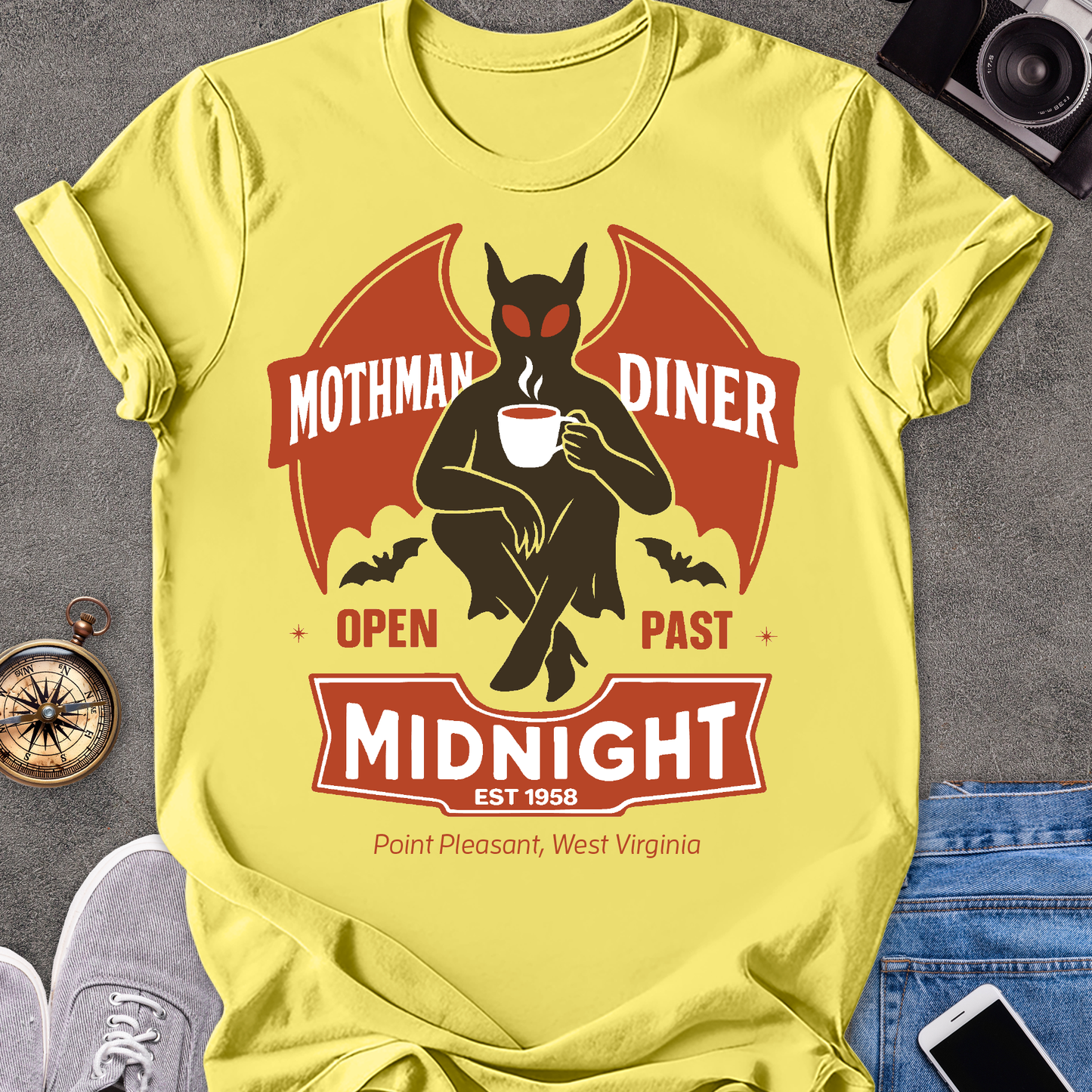 Mothman Diner, Open Past Midnight, Point Pleasant West Virginia | Unisex Softstyle T-Shirt | Mothman Travel Tee