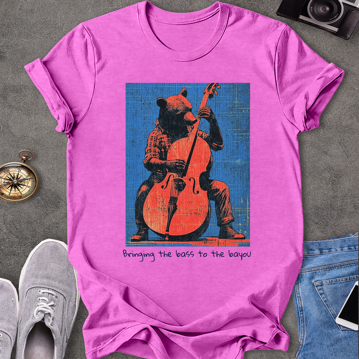 Bringing The Bass To The Bayou T-Shirt - Bear Playing Stand-up Bass
