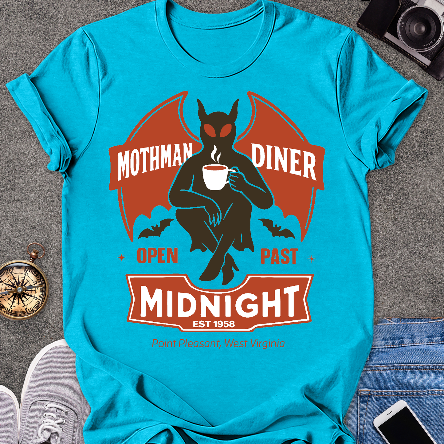 Mothman Diner, Open Past Midnight, Point Pleasant West Virginia | Unisex Softstyle T-Shirt | Mothman Travel Tee