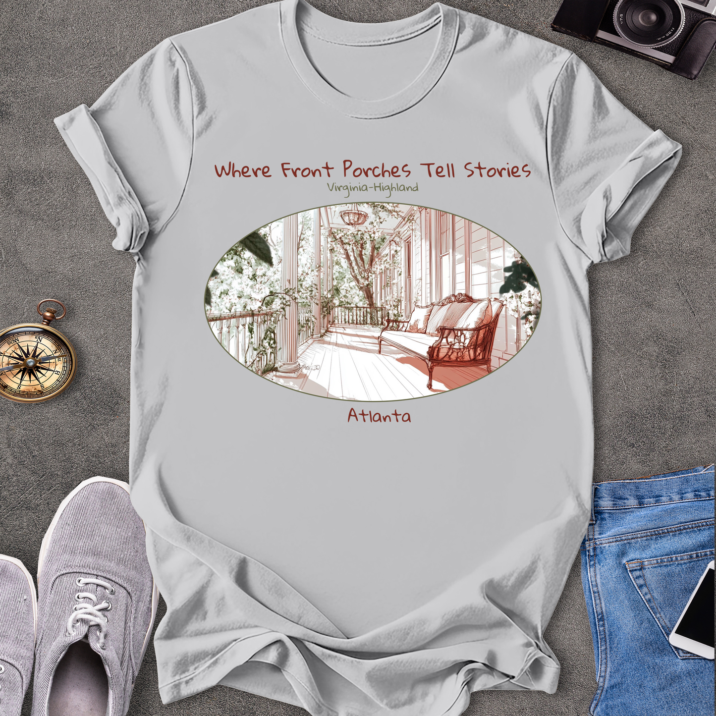 Where Front Porches Tell Stories, Virginia Highland, Atlanta Georgia T-Shirt
