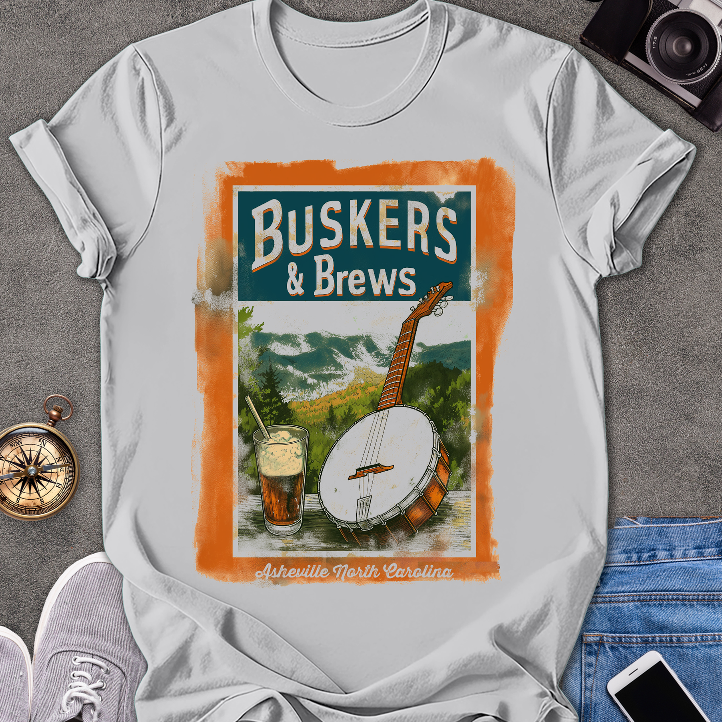 Buskers & Brews, Asheville North Carolina| Unisex Softstyle T-Shirt | North Carolina Travel Tee