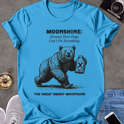 Moonshine: Because Bear Hugs Can't Fix Everything - The Great Smoky Mountains | Unisex Softstyle T-Shirt | Tennessee Tee