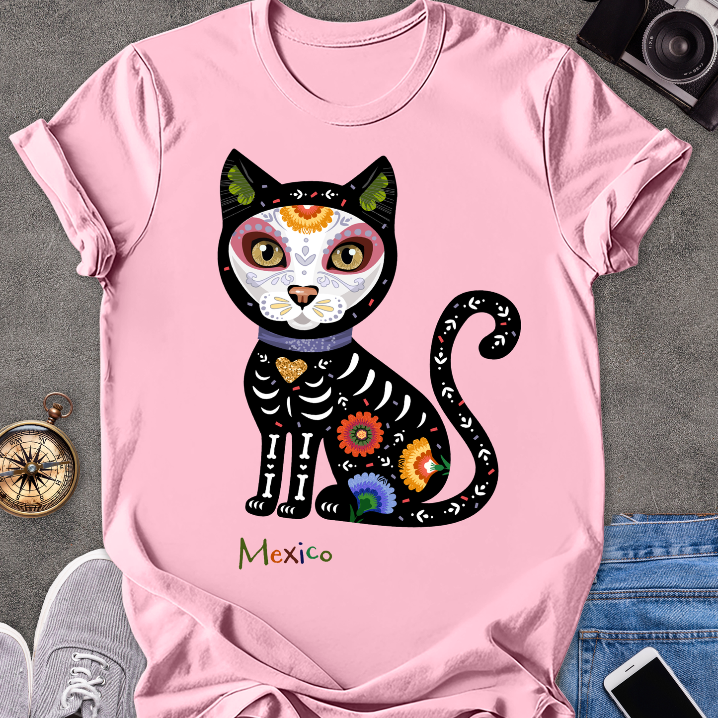 Mexico-Day of the Dead Cat | Unisex Softstyle T-Shirt | Day of the Dead Tee