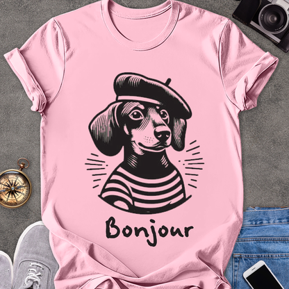 Bonjour | Unisex Softstyle T-Shirt | French Daschshund Travel Tee
