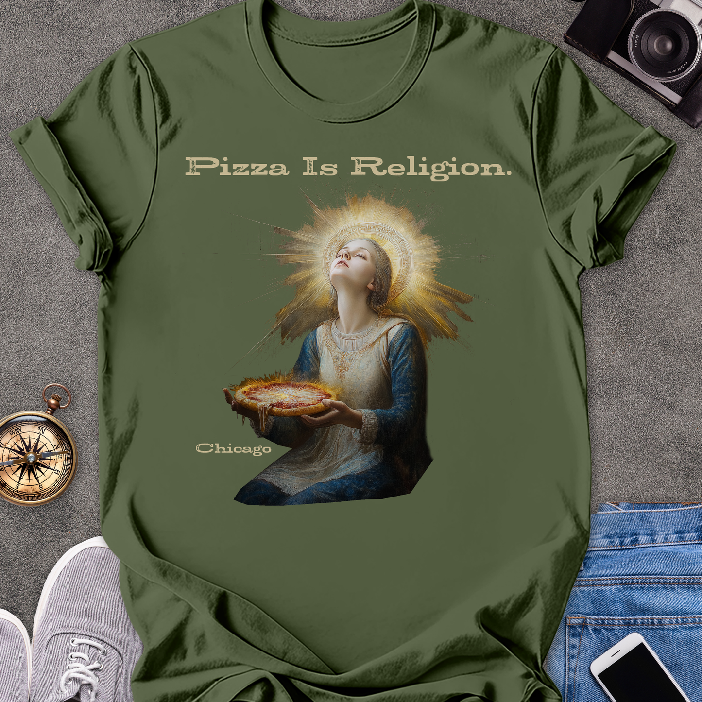Pizza Is Religion. Chicago| Unisex Softstyle T-Shirt | Chicago Travel Tee