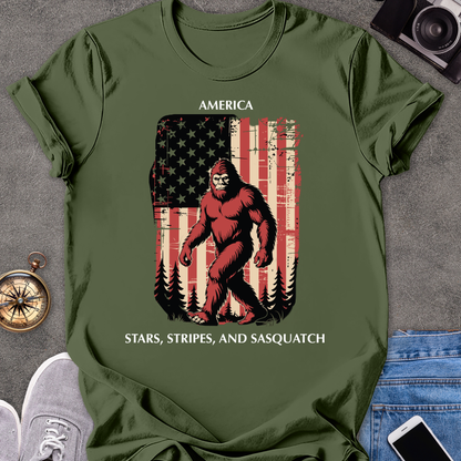 America - Stars, Stripes & Sasquatch | Unisex Softstyle T-Shirt | USA Travel Tee