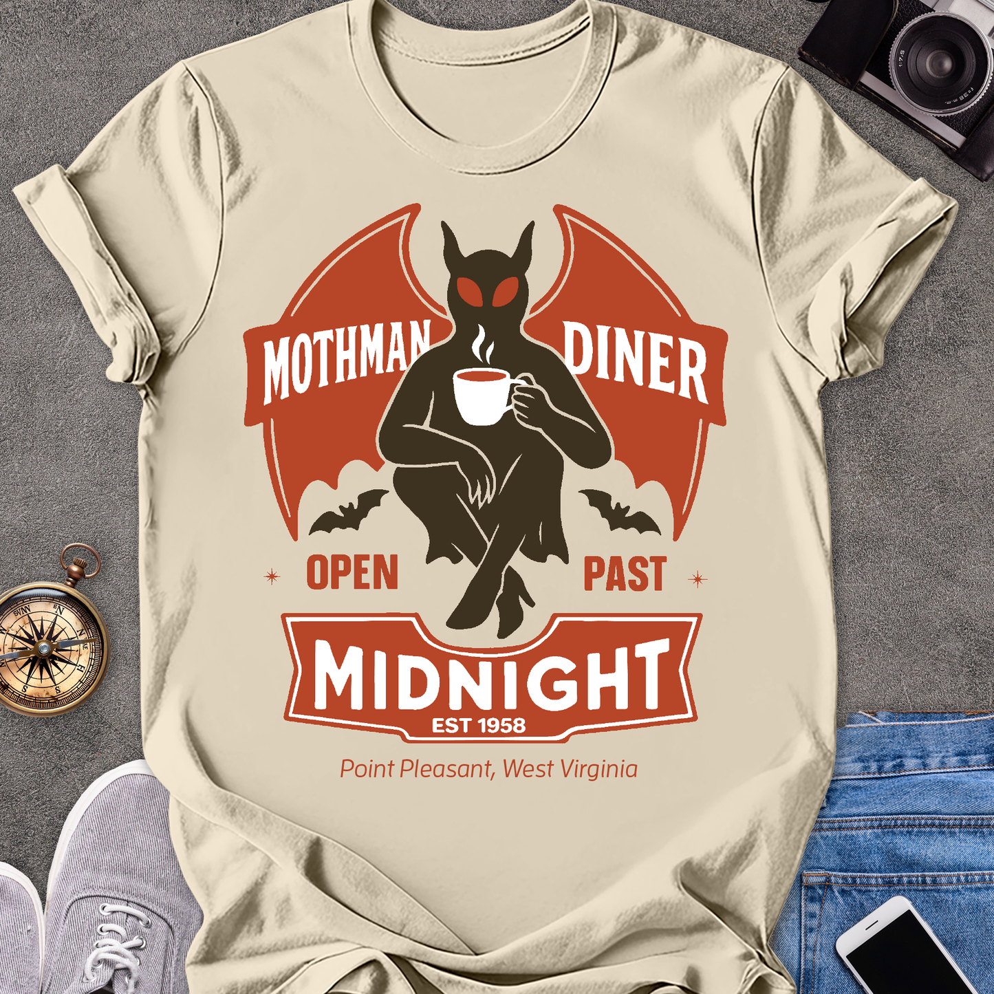 Mothman Diner, Open Past Midnight, Point Pleasant West Virginia | Unisex Softstyle T-Shirt | Mothman Travel Tee