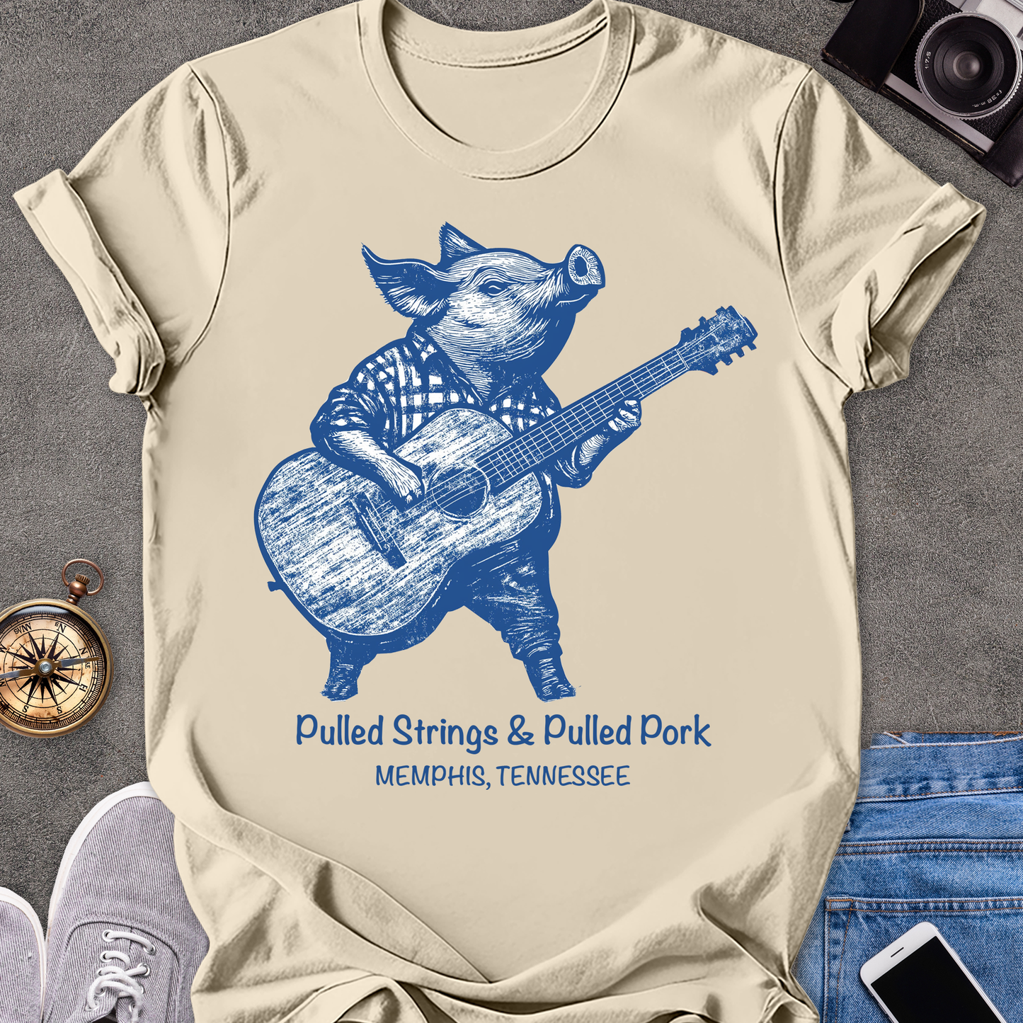 Pulled Strings & Pulled Pork-Memphis, Tennessee | Unisex Softstyle T-Shirt | Fun and Casual Music Lover Tee