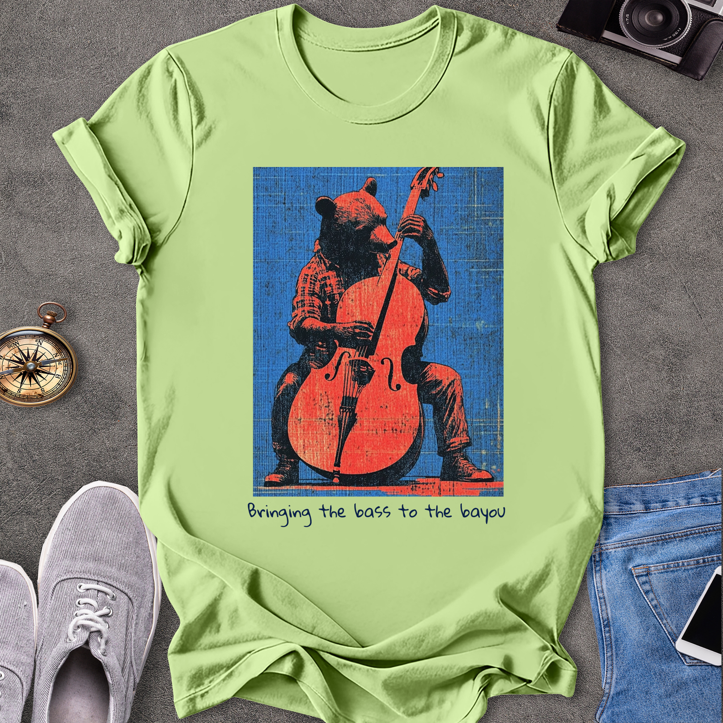 Bringing The Bass To The Bayou T-Shirt - Bear Playing Stand-up Bass
