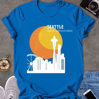 Seattle, High on Caffeine & Culture | Unisex Softstyle T-Shirt | Retro Seattle Travel Tee