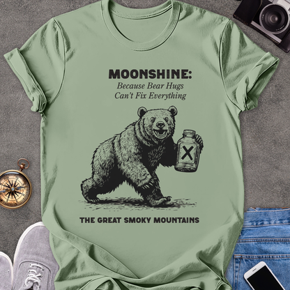 Moonshine: Because Bear Hugs Can't Fix Everything - The Great Smoky Mountains | Unisex Softstyle T-Shirt | Tennessee Tee