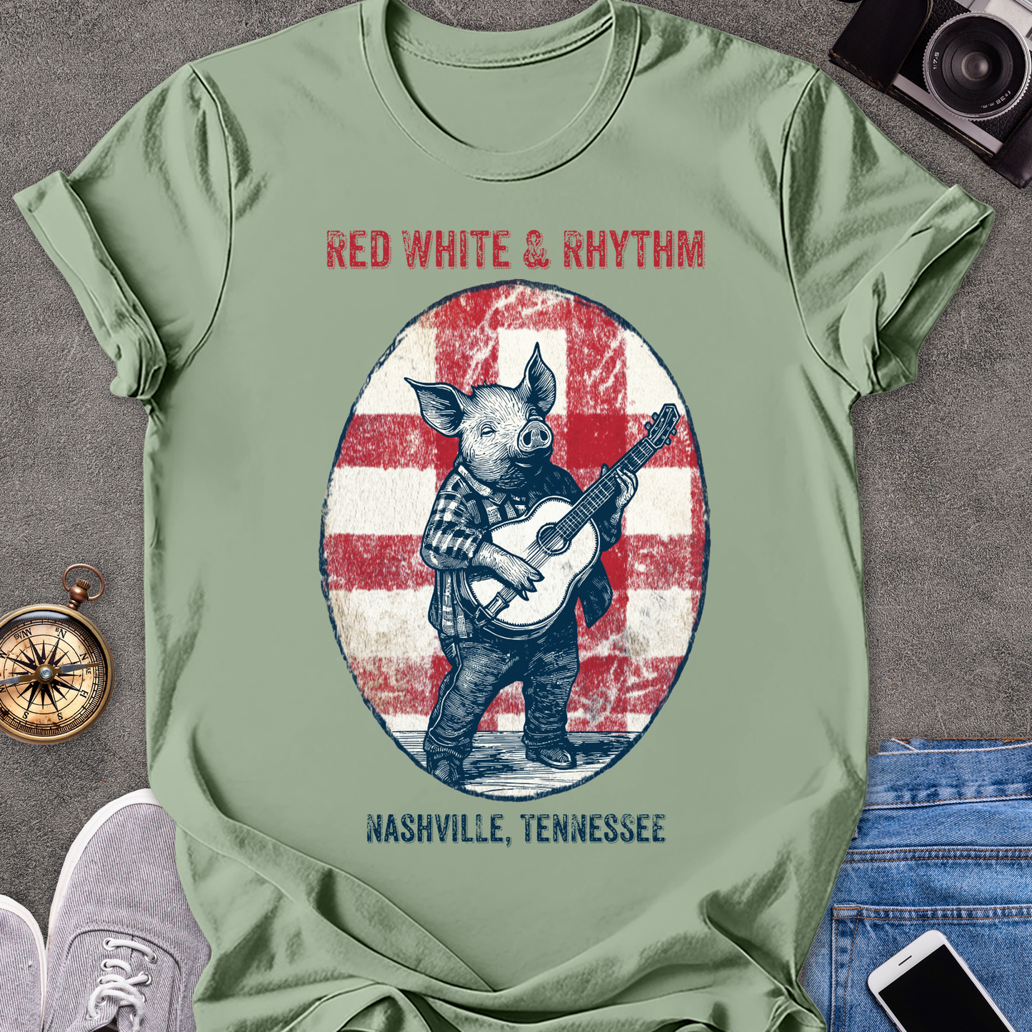 Red White & Rhythm - Nashville, Tennessee | Unisex Softstyle T-Shirt | Fun and Casual Music Lover Tee