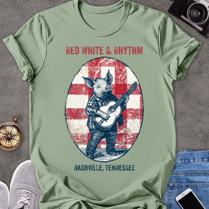 Red White & Rhythm - Nashville, Tennessee | Unisex Softstyle T-Shirt | Fun and Casual Music Lover Tee