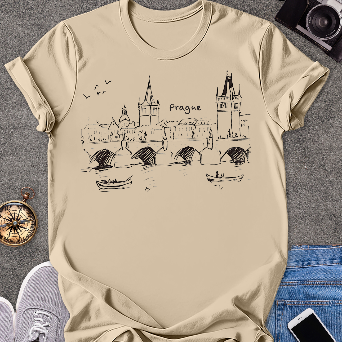 Prague - Charles Bridge Sketch | Unisex Softstyle T-Shirt | Travel Tee