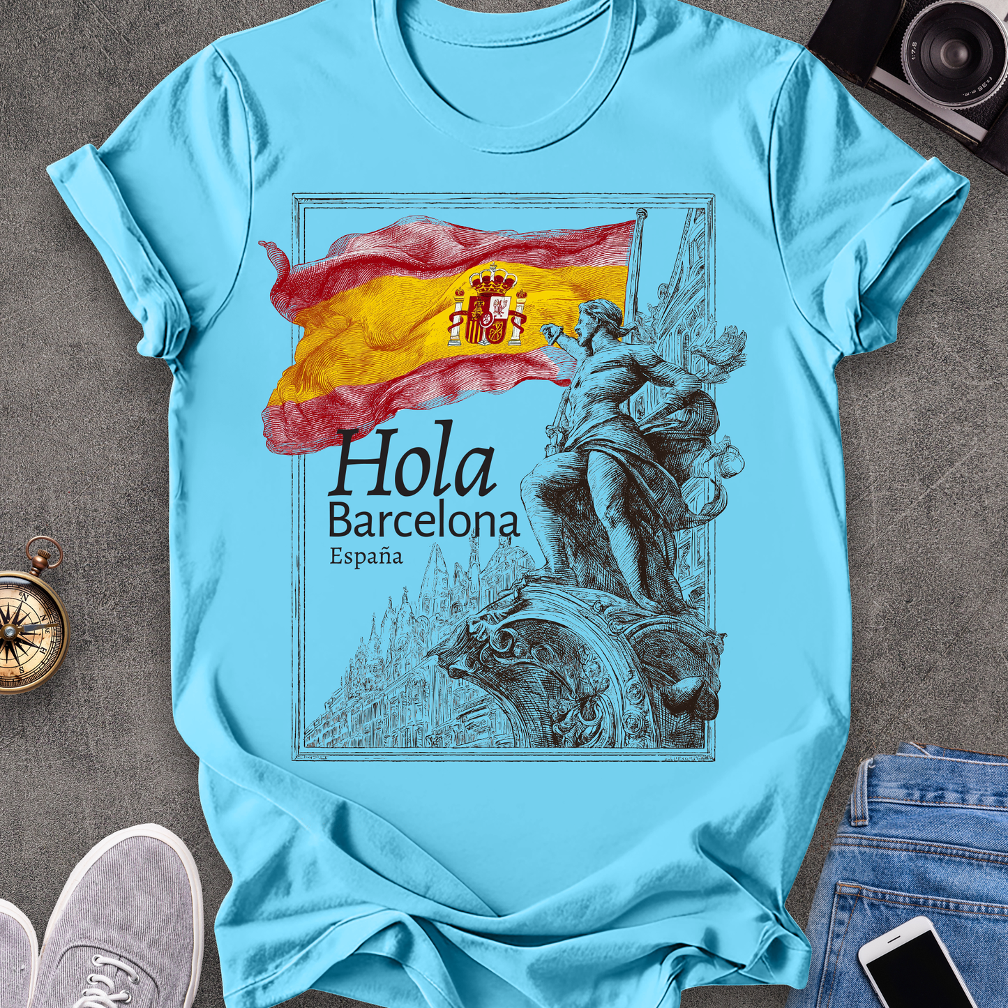 Hola Barcelona, España| Spanish Flag Travel Tee