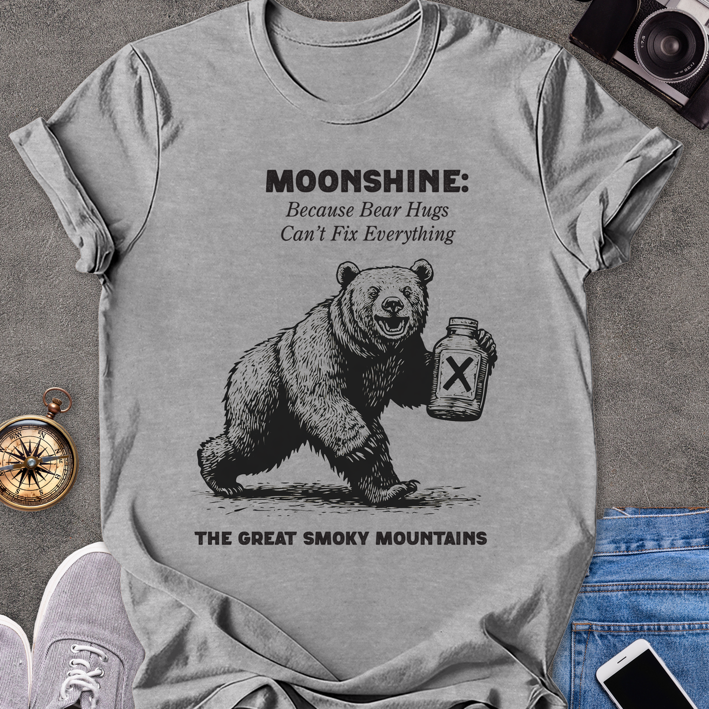 Moonshine: Because Bear Hugs Can't Fix Everything - The Great Smoky Mountains | Unisex Softstyle T-Shirt | Tennessee Tee