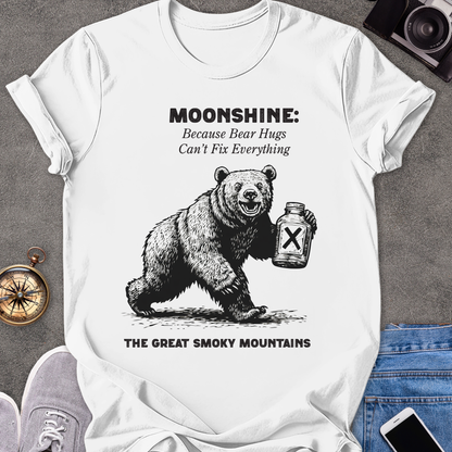 Moonshine: Because Bear Hugs Can't Fix Everything - The Great Smoky Mountains | Unisex Softstyle T-Shirt | Tennessee Tee