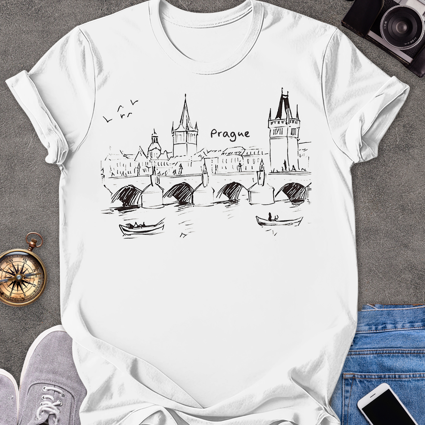 Prague - Charles Bridge Sketch | Unisex Softstyle T-Shirt | Travel Tee